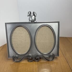 Burnes Of Boston Picture Frame Double Brushed Metal Silver Bunny Rabbit 3.5 x 5